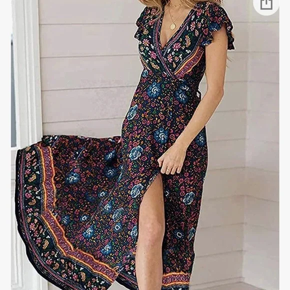 Dresses | Bohemian Floral Printed Wrap Vneck Short Sleeve Split Beach Party Maxi  Dress | Poshmark